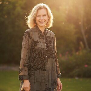 Coldwater Creek Olive Green Velvet Burnout Sheer Tunic Top XL Elegant Artwear